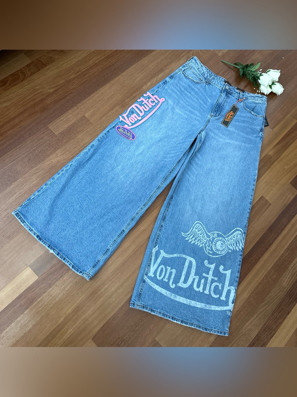Von Dutch Light Blue Wide-Leg Embroidered Logo Jeans